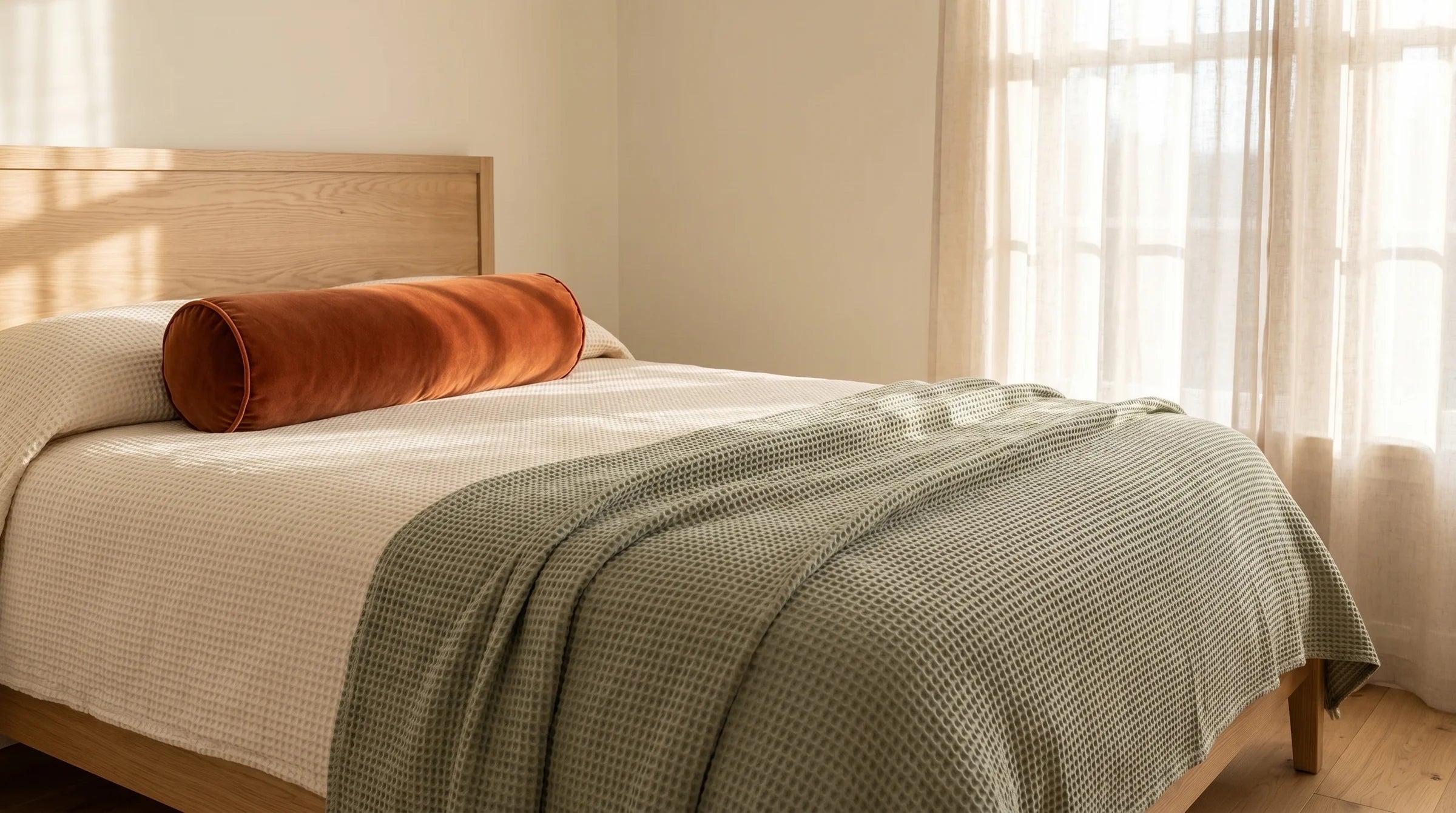 Wellnatura bedroom hero — sage waffle throw and rust velvet bolster on oak bed